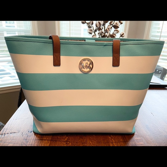 michael kors blue and white striped jet set tote
